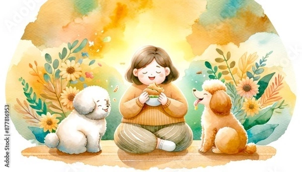 Fototapeta A girl is sitting on a bench with two dogs. She is eating something and the dogs are watching her. The scene is peaceful and calm, watercolor style