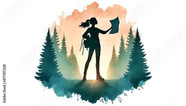 Fototapeta A woman is standing in a forest with a map in her hand. Concept of adventure and exploration, as the woman is ready to embark on a journey. The forest setting adds to the feeling of being in a natural