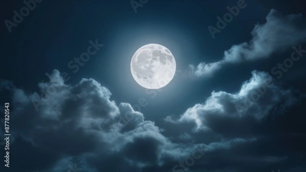Fototapeta A captivating night sky scene with a bright, glowing full moon illuminating the landscape. The moon's surface appears to emit soft, otherworldly light that casts a gentle glow on the scattered clouds.