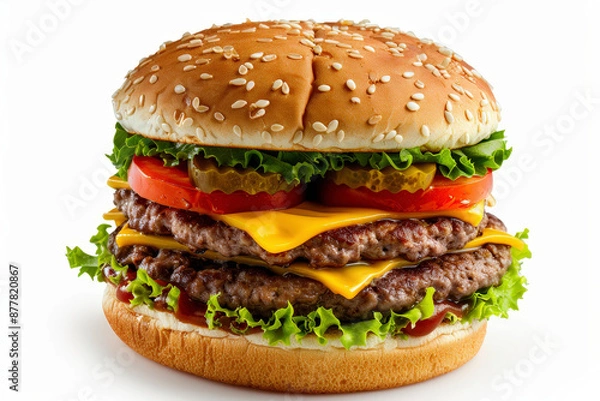 Fototapeta Beef Burger On White Background. Generative AI