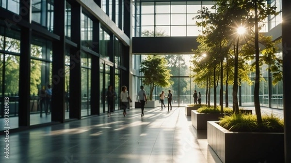 Fototapeta Blurred background of people walking in a modern office building with green trees and sunlight , eco friendly and ecological responsible business concept
