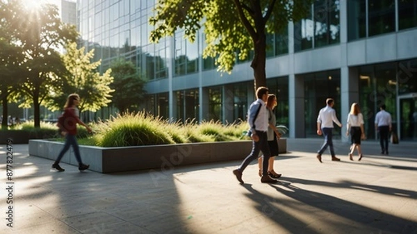 Fototapeta Blurred background of people walking in a modern office building with green trees and sunlight , eco friendly and ecological responsible business concept