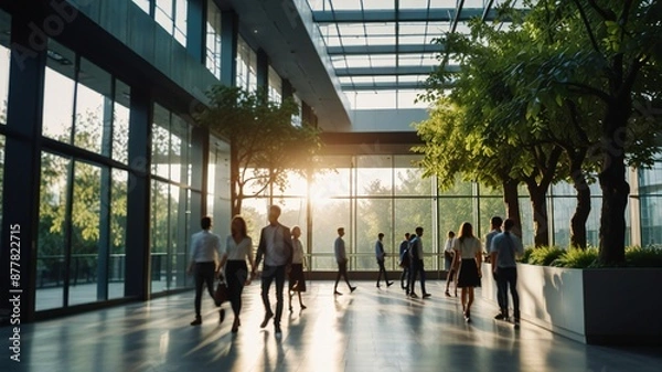 Fototapeta Blurred background of people walking in a modern office building with green trees and sunlight , eco friendly and ecological responsible business concept