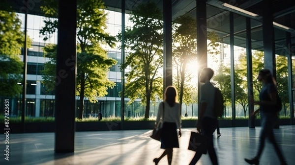 Fototapeta Blurred background of people walking in a modern office building with green trees and sunlight , eco friendly and ecological responsible business concept