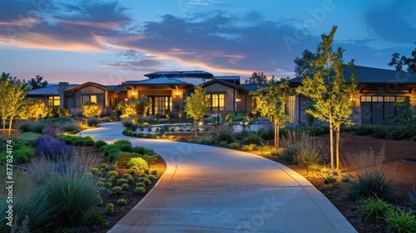Obraz suburban ranch at dusk, with landscape lighting highlighting the architectural features and pathways