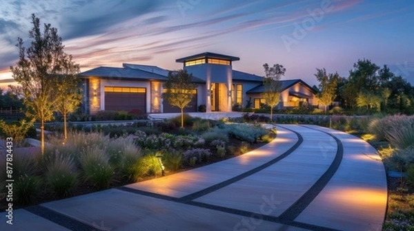 Obraz suburban ranch at dusk, with landscape lighting highlighting the architectural features and pathways