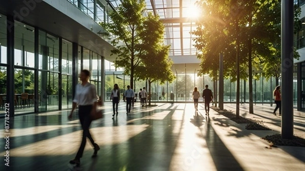 Fototapeta Blurred background of people walking in a modern office building with green trees and sunlight , eco friendly and ecological responsible business concept