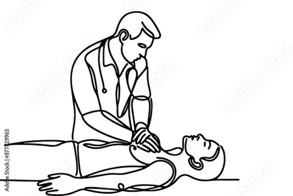 Fototapeta Continuous one black line drawing of CPR technique emergency and first aid class training