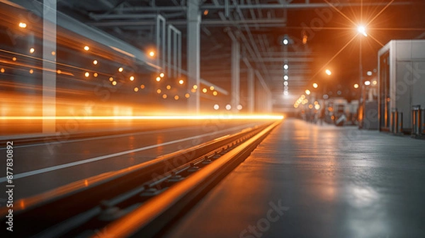 Fototapeta A low angle view of train tracks in an urban setting at night. The train is blurred in the distance - motion trail - creating a sense of movement - Generative AI