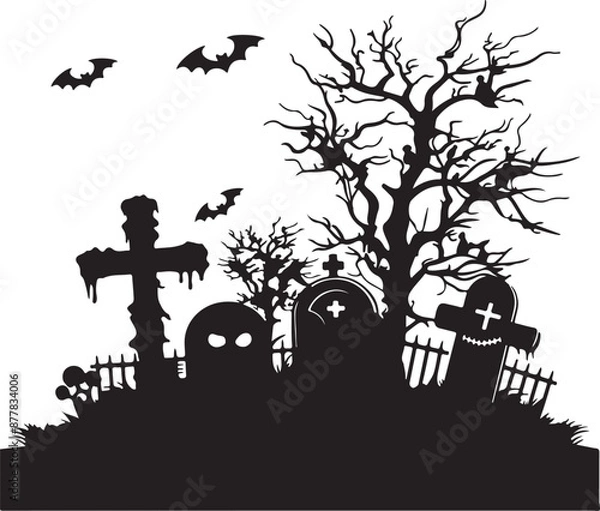 Obraz Halloween Graveyard Silhouette Vector Illustration White Background