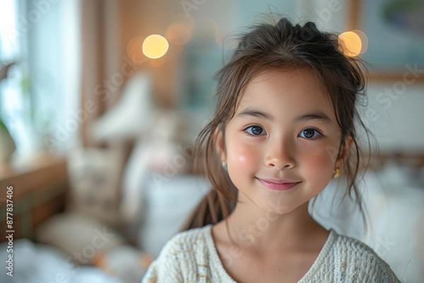 Fototapeta Smiling Little Girl in Cozy Room with Warm Lighting and Soft Ambiance