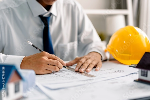 Fototapeta Architect working with house plans on a blueprint in the office, .development low residence projects, design home custom of customer, build a housing estate.