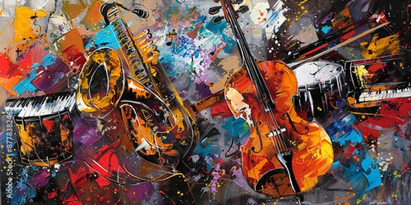 Fototapeta Vibrant Jazz Fusion: Saxophone, Violin, Piano and Drum Set in Abstract Art