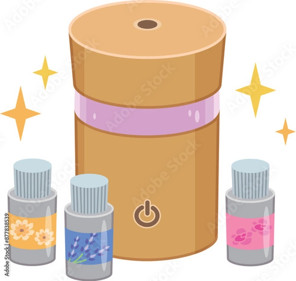 Obraz アロマディフューザーとアロマオイルのイラスト素材（木製・ウッド調・ピンク・パープル）