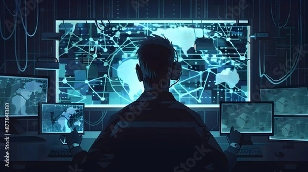 Fototapeta Cybersecurity Expert Tracing Malware in Futuristic Digital Interface