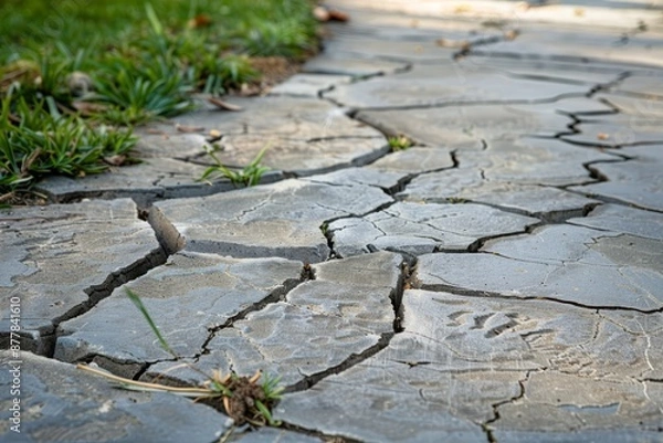 Fototapeta  A weathered concrete sidewalk with intricate patterns of cracks running through its surface, Generative AI