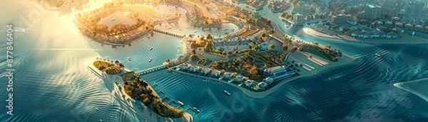 Fototapeta Aerial view of a luxurious tropical resort on an island, surrounded by clear blue waters and connected by scenic bridges and lush greenery.