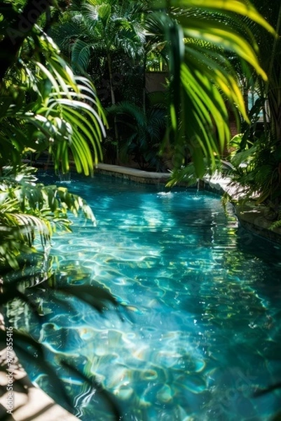 Obraz A crystal-clear pool nestled among tropical foliage, inviting you to take a refreshing dip on a hot day, Generative AI