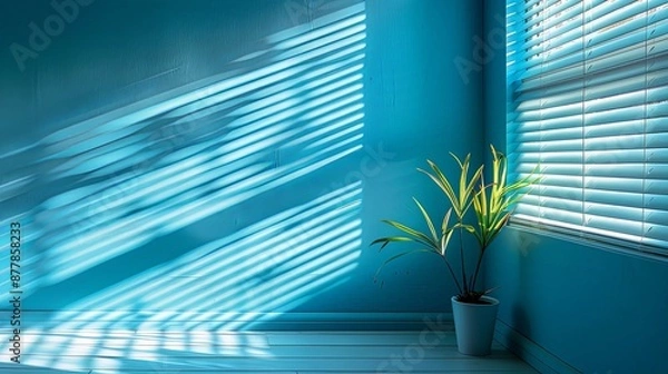 Fototapeta Sunlight Streaming Through Blinds in a Teal Room