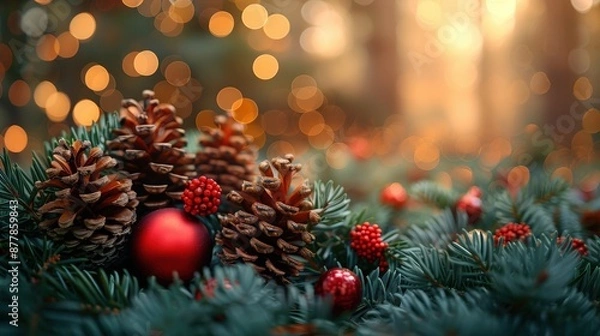 Obraz Close-up of pinecones, red ornaments, and evergreen branches with bokeh lights in the background, capturing a festive holiday and Christmas vibe.