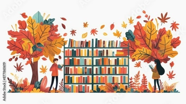 Fototapeta Two people reading books in an autumn library surrounded by colorful leaves.