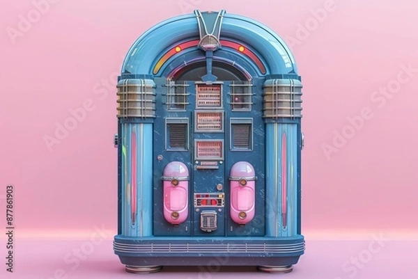 Obraz Vintage blue and pink jukebox, set against a bold pink backdrop, classic and eye-catching, high contrast, 3D rendering
