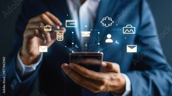 Fototapeta Businessman interacting with smart phone showing icons for email, call, address, chat, representing the use of internet technology for customer support, contact us theme