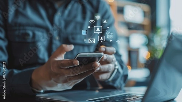 Fototapeta Businessman interacting with smart phone showing icons for email, call, address, chat, representing the use of internet technology for customer support, contact us theme
