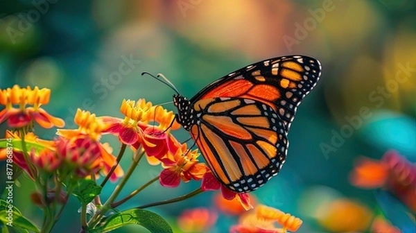 Fototapeta A beautiful butterfly resting on a colorful flower