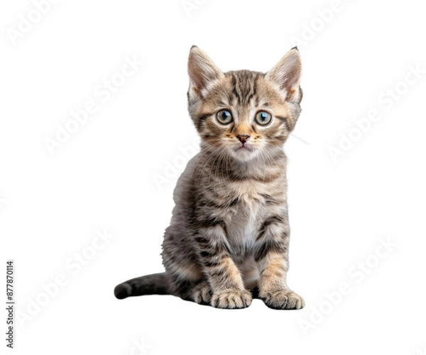 Fototapeta A cute young Scottish Fold kitten with short fur sitting isolated on a white background looking adorable and playful