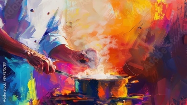 Fototapeta Colorful Abstract Chef Cooking with Steam in a Modern Kitchen