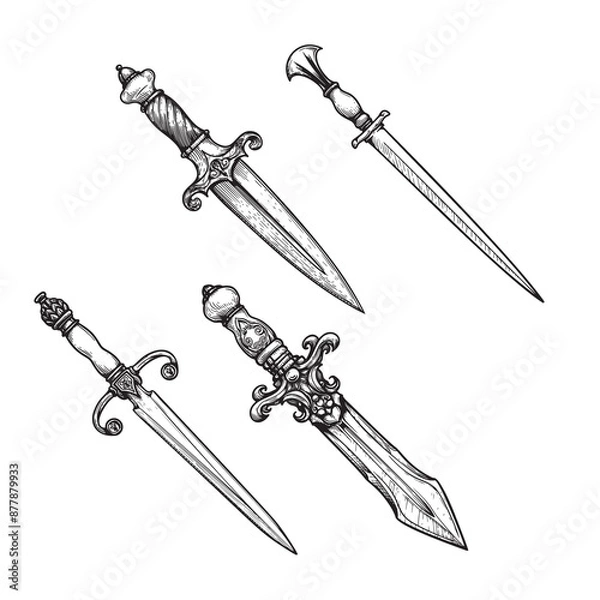 Fototapeta Vintage daggers set. Hand drawn sketch style medieval weapon collection. Best for tatoo and retro historical designs. Vector illustration isolated on white.