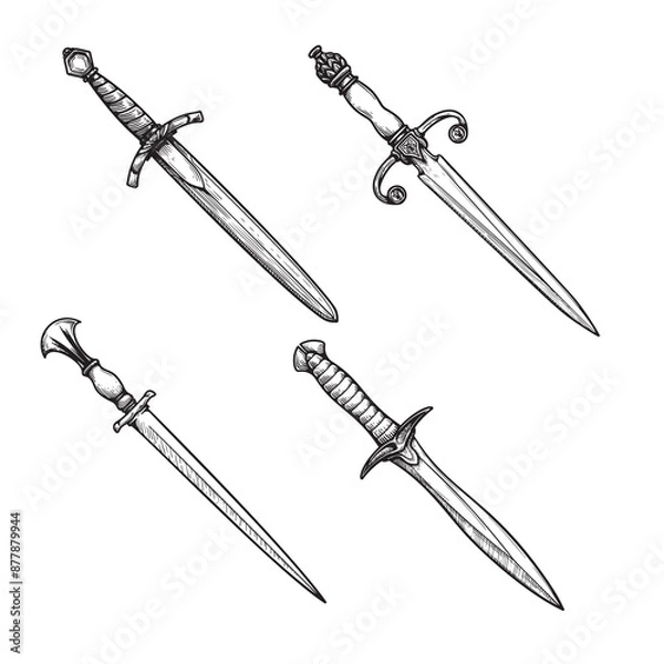 Fototapeta Vintage daggers set. Hand drawn sketch style medieval weapon collection. Best for tatoo and retro historical designs. Vector illustration isolated on white.