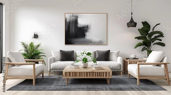 Fototapeta A beautiful living room with wooden furniture, sofa and coffee table in the center of which is an abstract painting on canvas. The style should be Scandinavian interior design with modern decor.