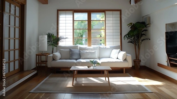 Fototapeta A cozy living room in an old Japanese house, with wooden floors and traditional tatami mats under the sofa. The sunlight filters through the window, casting warm hues on the furniture and plants. A