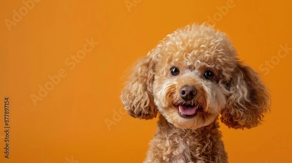 Fototapeta Portrait photography of a cute little Poodle happy smiling , studio shot isolated on single color background ,editorial style, shoot by DSLR .