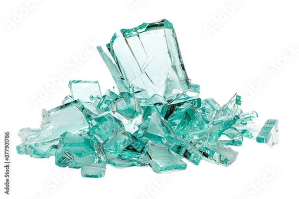 Fototapeta Shattered aqua glass fragments piled in a heap, sharp edges glinting.