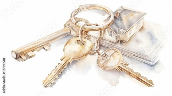 Fototapeta watercolor illustration of house keys and contracts in a real estate market theme, flat design, isolated white background