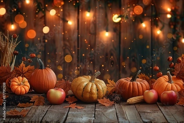Fototapeta Basket Of Pumpkins, Apples And Corn On Harvest Table With Field Trees And Sky Background - Thanksgiving