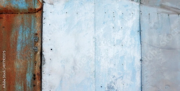Fototapeta Rustic Elegance: Weathered Blue Metal Door. The Allure of Faded Paint and Oxidized Surfaces in an Industrial Setting