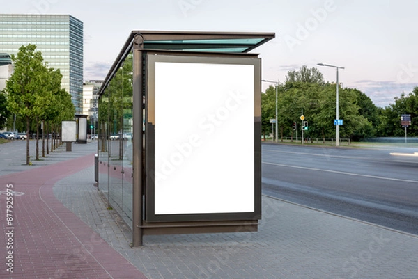 Fototapeta Mockup Of Bus Stop Vertical Billboard In Front Of Empty City Background.  Poster Stand On The Sidewalk