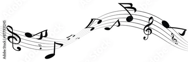 Fototapeta Musical note wave. Music notes melody on white background.  Staff treble clef notes musician concept vector isolated on transparent background. Illustration of music sound in eps 10.