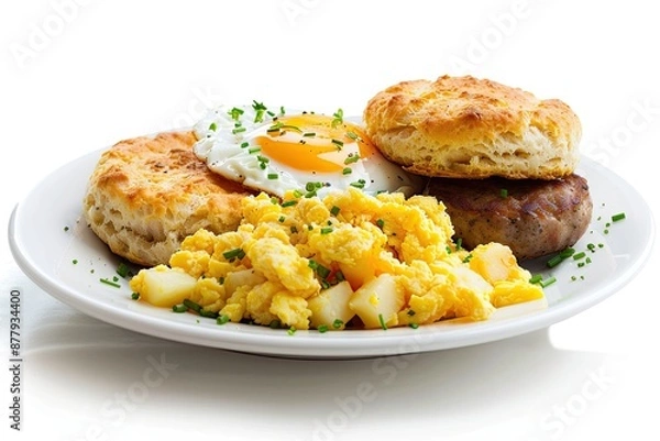 Fototapeta Scrumptious breakfast plate with eggs sausage biscuits and hash browns