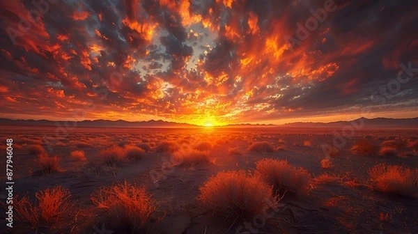 Fototapeta Fiery Horizon: Captivating Sunset Over Barren Landscape