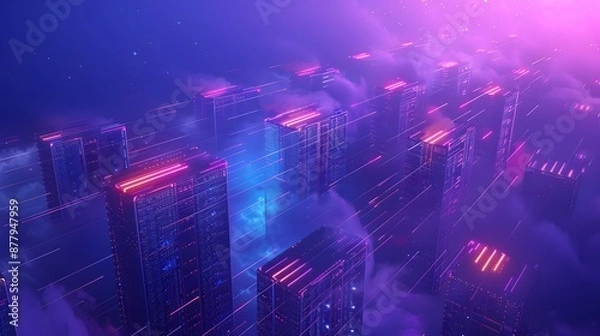 Fototapeta Futuristic skyscrapers with neon lights in a cyberpunk cityscape, enveloped in fog and illuminated by vibrant pink and blue hues.