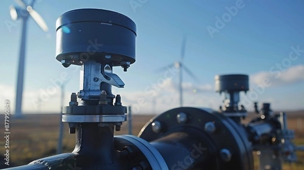 Fototapeta Pipeline Control Device with Wind Turbines and Blue Sky