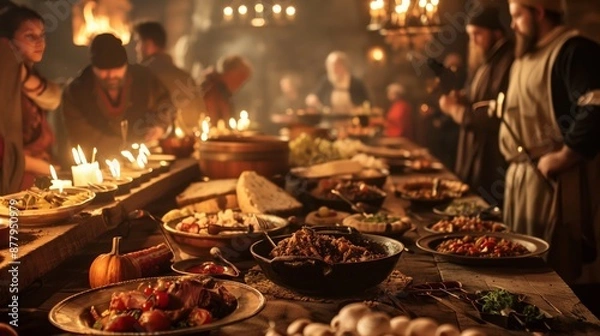 Obraz A medieval feast with traditional foods, music, and celebration creates an immersive, lively atmosphere.