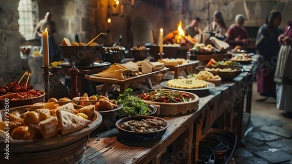 Obraz A medieval feast with traditional foods and a lively atmosphere captures the era's essence in history and festivity.