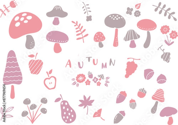 Fototapeta くすみカラーの秋のモチーフイラストセット