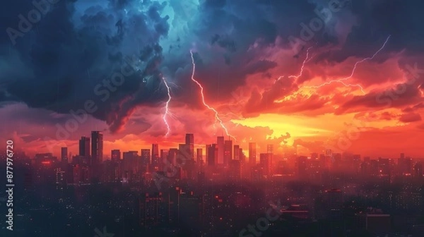 Fototapeta Tempestuous Twilight: Dramatic Cityscape Under Sunset Storm